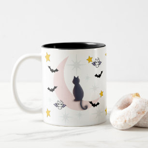 Mikitiez black cat bat halloween fall winter moon Two-Tone coffee mug
