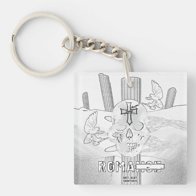 Mikitiez dreamer skull tatto rainbow rose rock key ring (Front)