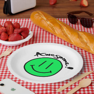 Mikitiez smiley face school summer spring green  paper plate