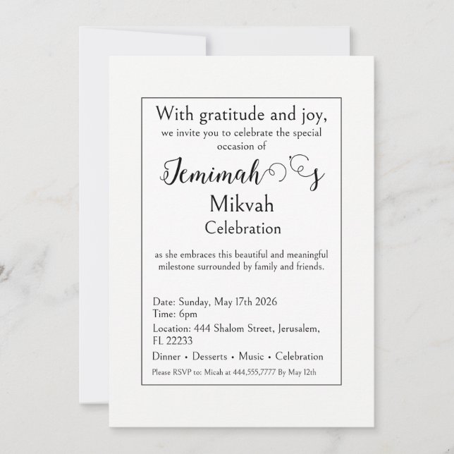 Mikvah Celebration Invitation, Modern Simple Clean Invitation (Front)