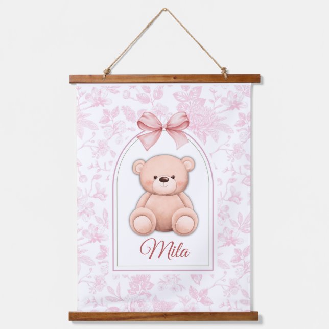 Mila | Custom Pink Teddy Bear Nursery Design  Hanging Tapestry (Front)