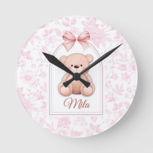 Mila Custom Pink Teddy Bear Nursery Design Round Clock