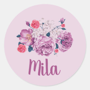 Mila Name Floral Custom Vintage Flower Pink Girl Classic Round Sticker
