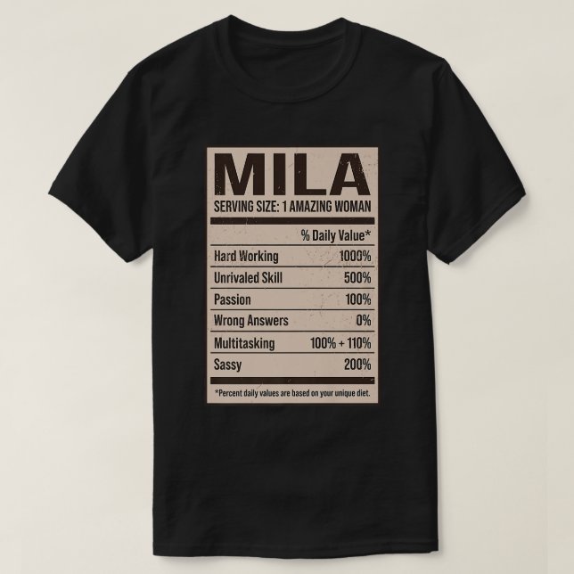 Mila Nutrition Facts Name Nickname Alias Title Fri T-Shirt (Design Front)