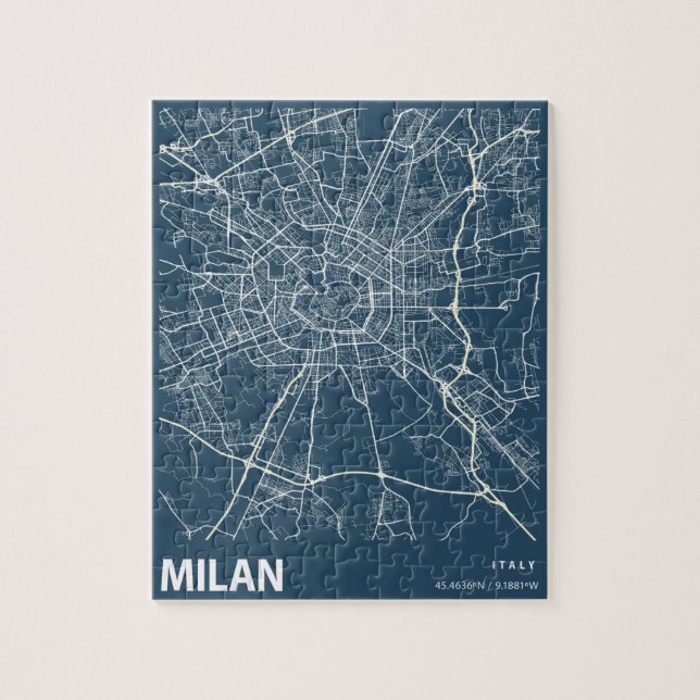 Milan Italy Minimalist City Map Line Art in Blue Jigsaw Puzzle (Vertical)