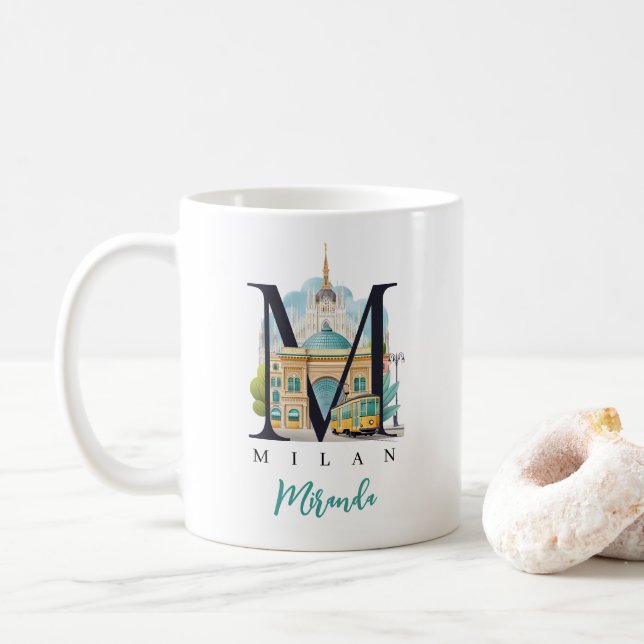 Milan Italy Monogram Letter M Personalised Gift Coffee Mug (With Donut)
