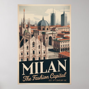 Milan Italy Retro Skyline Cityscape Travel Poster