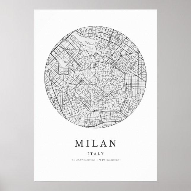 Milan Italy Street Layout Map Poster (Front)
