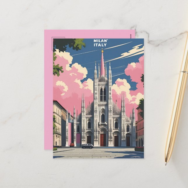 Milan Italy Travel Art – Duomo Cathedral City  Holiday Postcard (Front/Back In Situ)