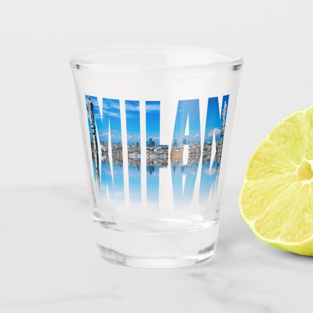 Milan label composed of Milan skyline in Italy Shot Glass (Front)