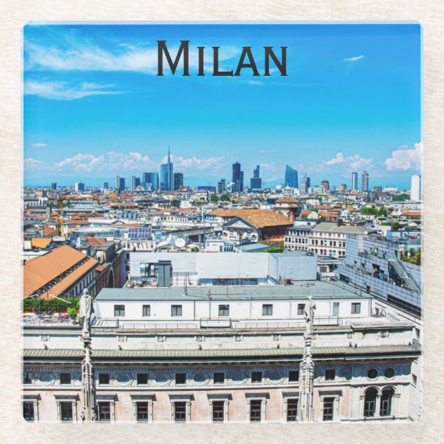 Milan skyline in Italy Glass Coaster (Front)