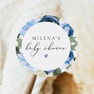 MILENA Dusty Blue Floral Boy Baby Shower Classic Round Sticker