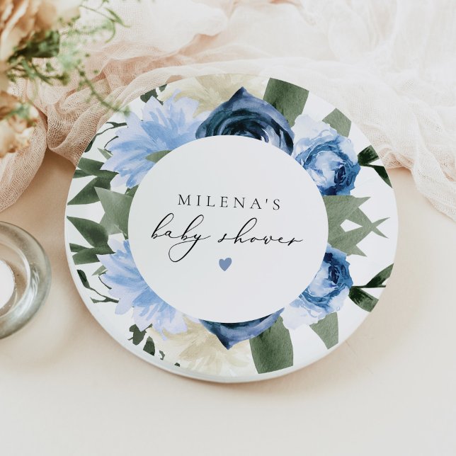 MILENA Dusty Blue Slate Floral Boy Baby Shower Paper Plate (Creator Uploaded)