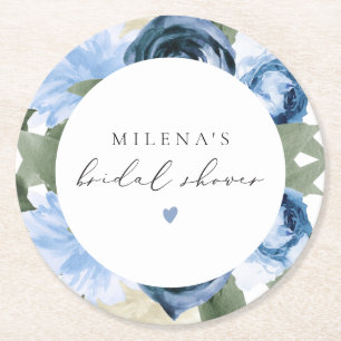 MILENA Something Blue Floral Bridal Shower Round Paper Coaster