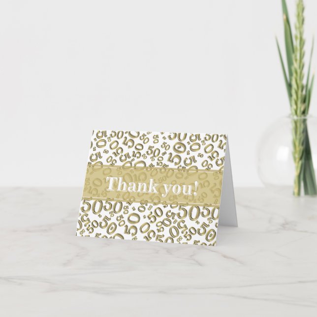 Milestone 50 Random Number Pattern Gold/White Thank You Card (Front)