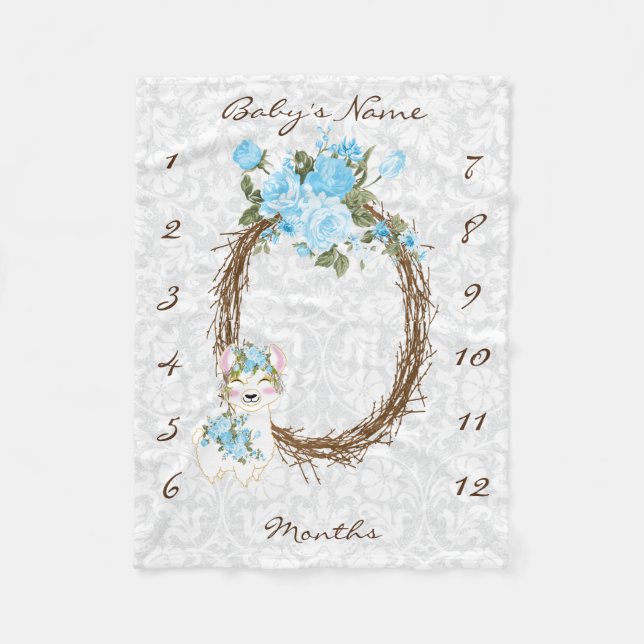 Milestone Baby Blanket - Llama - Blue (Front)