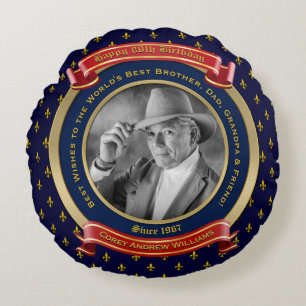 Milestone Birthday Gold Photo 80th Eighty Blue Red Round Cushion