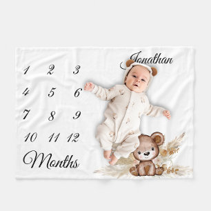 Milestone Boho Baby Bear Pampas Grass  Fleece Blanket