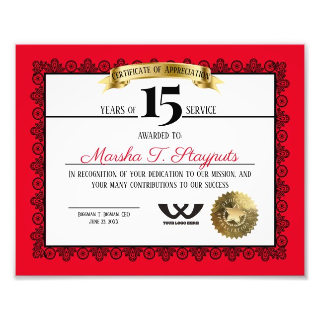 Milestone employee anniversary recognition photo print (Front)