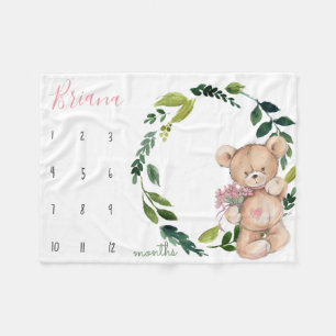 Milestone growth tracker - Teddy bear and greenery Fleece Blanket