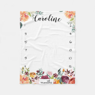 Milestone growth tracker watercolor flowers fleece blanket