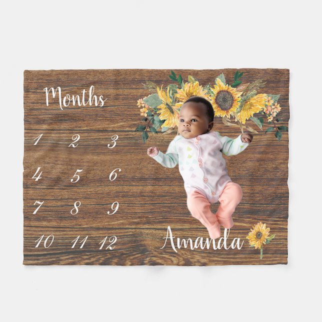 Milestone Rustic Country Wood Sunflower Keepsake Fleece Blanket (Creator Uploaded)