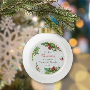 Milestone Rustic Photo New Grandparents Ceramic Ball Christmas Ornament