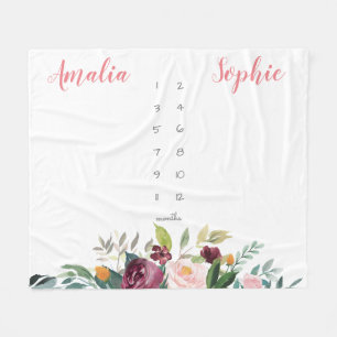 Milestone twin baby girl watercolor flowers pink fleece blanket