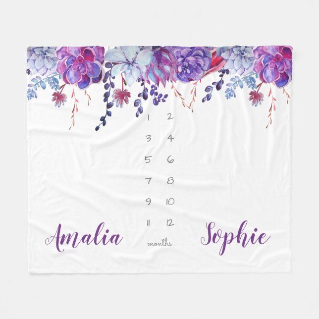 Milestone twin baby girl watercolor flowers purple fleece blanket (Front (Horizontal))