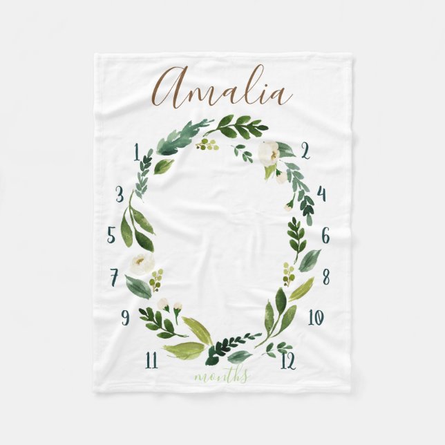 Milestone watercolor tracker, greenery fleece blanket (Front)