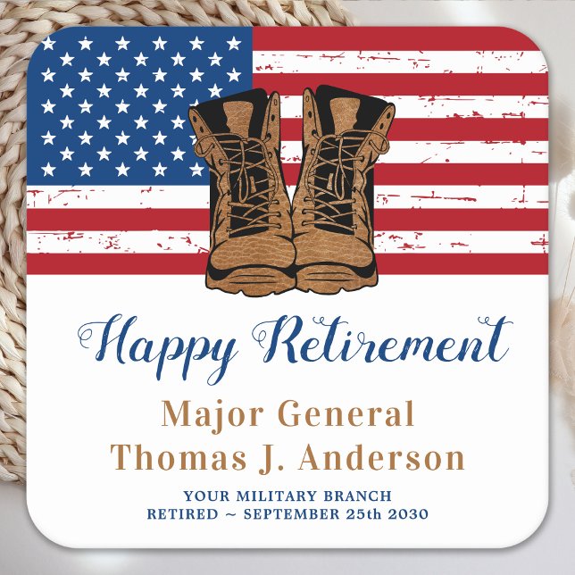 Military Army American Flag Boots Retirement Party Square Paper Coaster (Creator Uploaded)