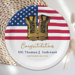 Military Army Retirement USA American Flag Party Paper Plate<br><div class="desc">Add the finishing touch to your military retirement party with these USA American Flag design military paper plates and party supplies. USA American flag in modern red white and blue, stars and stripes, with gold combat boots design. This American Flag party paper plates is perfect for a military retirement party,...</div>