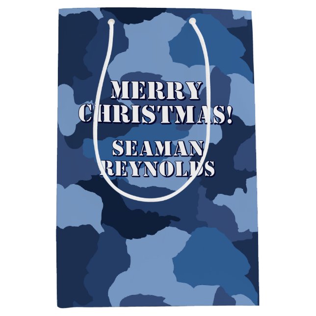 Military Blue Camouflage Custom Merry Christmas Medium Gift Bag (Front)