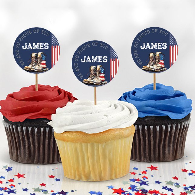 Military Boots Flag BLUE Going Away Party Picks Classic Round Sticker (Navy blue patriotic US flag combat boots proud personalized name military party cupcake pick sticker)
