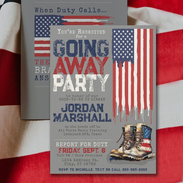 Military Boots Flag GRAY Going Away Farewell Party Invitation (Military going away farewell party invitation front and back with vintage combat boots & drip flag)