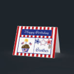 Military Brother Birthday Card<br><div class="desc">This Patriotic Birthday Card will make your military Brother smile. This colourful card features a red and white striped background, chocolate cupcake with stars, American Flags, a flag heart and a candle, red, white & blue stars, a dog tag embossed with "USA" and a blue banner with the text "Happy...</div>