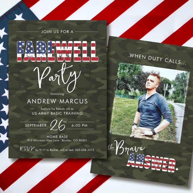 Military Camo American Flag Photo Farewell Party Invitation (Modern Military camo USA Flag soldier photo Army Air Force Marines Navy going away farewell party)