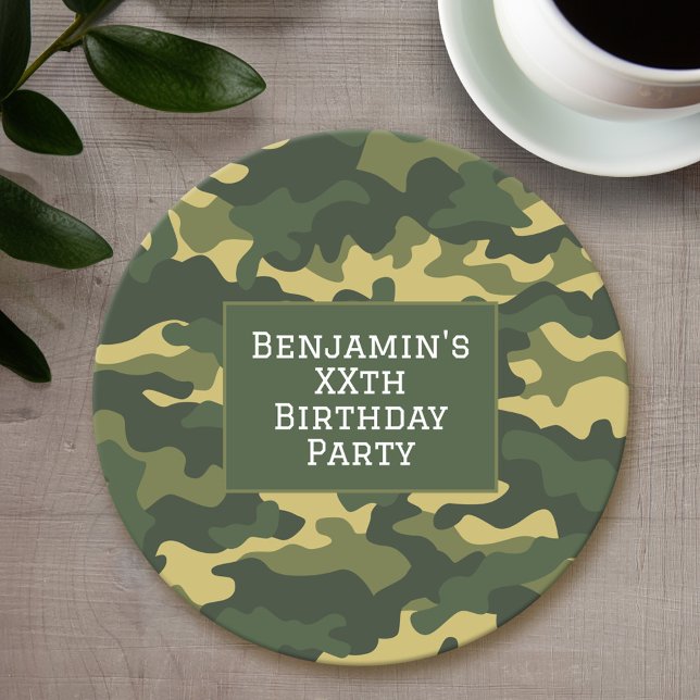 Military camouflage Birthday Party Theme Custom Round Paper Coaster (Personalized coaster - Camo Birthday Card)