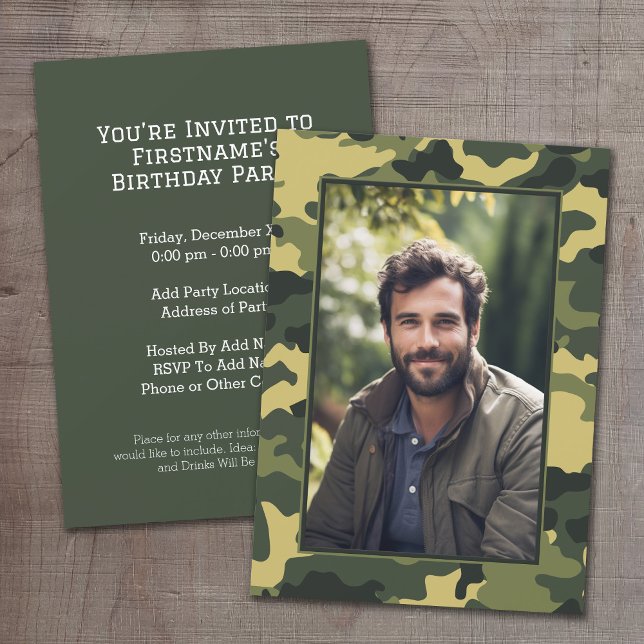 military camouflage  Birthday with Photo Invitation (Camouflage Birthday Party, Military graduation or cocktail party invitation.)