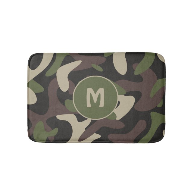 Military Camouflage Green Brown Pattern Monogram Bath Mat (Front)
