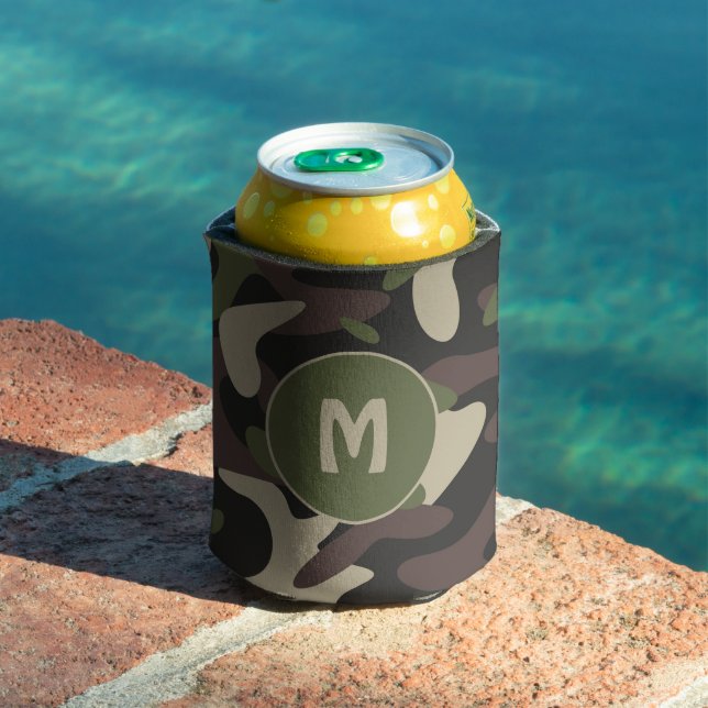 Military Camouflage Green Brown Pattern Monogram  Can Cooler (In Situ Pool)