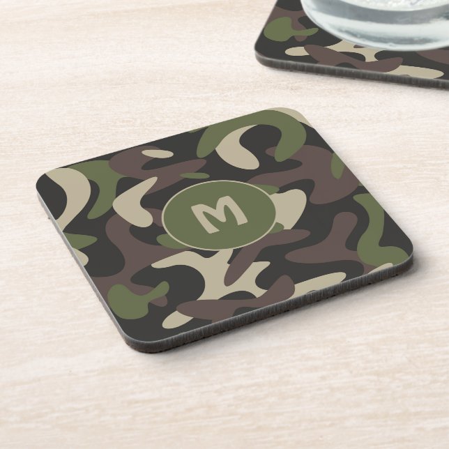 Military Camouflage Green Brown Pattern Monogram Coaster (Left Side)