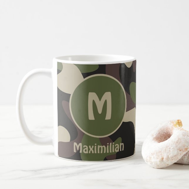 Military Camouflage Green Brown Pattern Monogram Coffee Mug (With Donut)