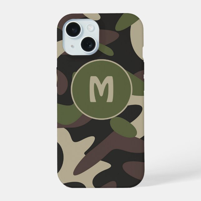 Military Camouflage Green Brown Pattern Monogram iPhone 15 Case (Back)