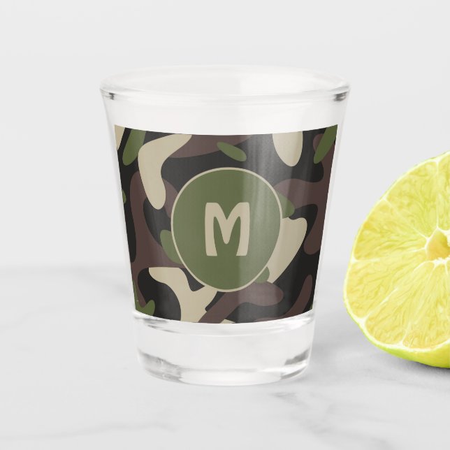 Military Camouflage Green Brown Pattern Monogram  Shot Glass (Front)