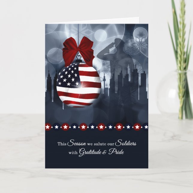 Military Christmas - American Flag with Soldier Holiday Card (Front)