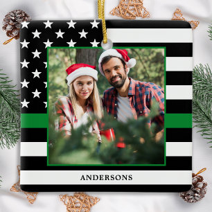 Military Christmas Custom Photo Thin Green Line Ceramic Ornament
