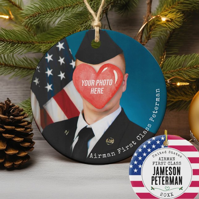 Military Christmas Gift Airman Photo Soldier Name Ceramic Ornament (Airman, Soldier, Marine, Sailor, Seabee, Guardian, Patriotic USA Flag Military Mom Christmas gift)