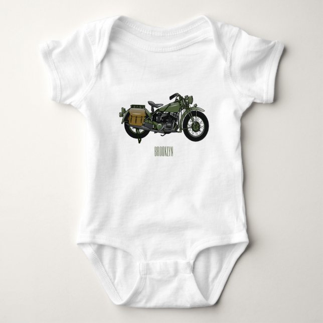 Military cruiser motorcycle cartoon illustration baby bodysuit (Front)