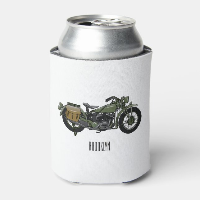 Military cruiser motorcycle cartoon illustration can cooler (Can Front)